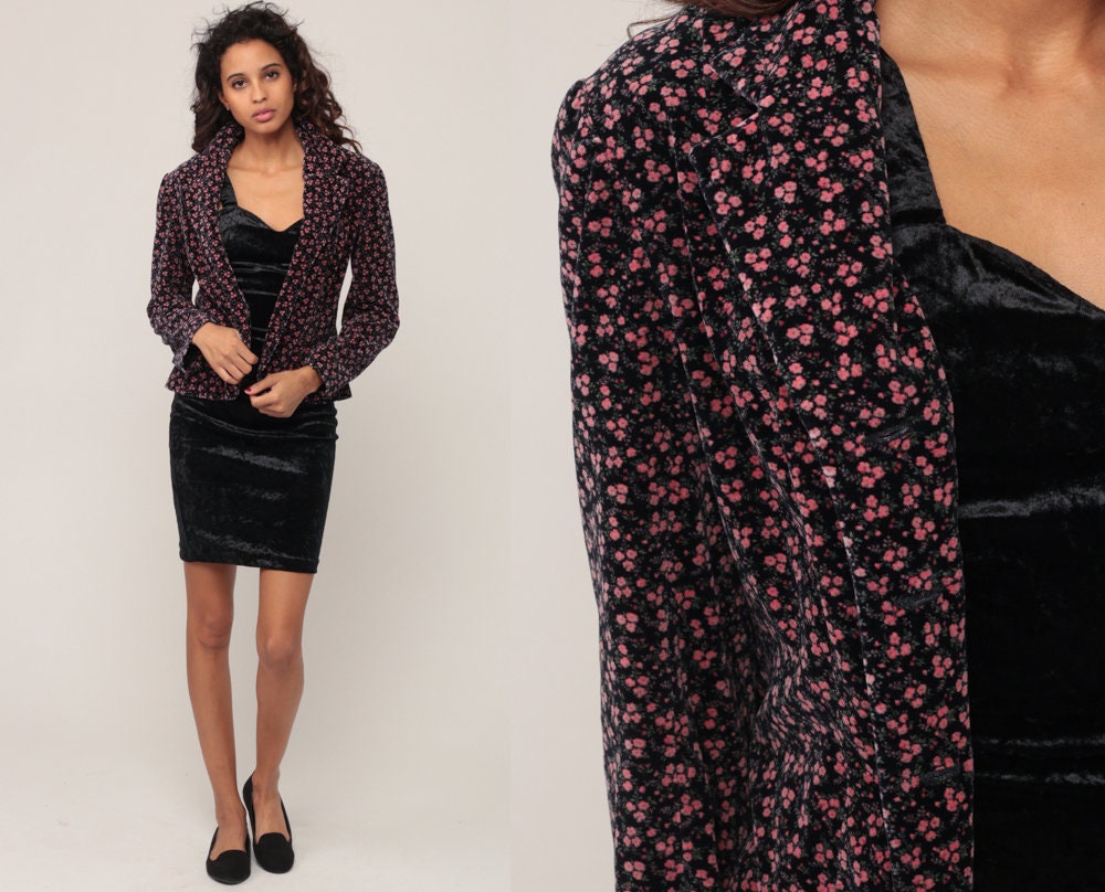 80s Velvet Floral Blazer Jacket Black Pink Extra Small
