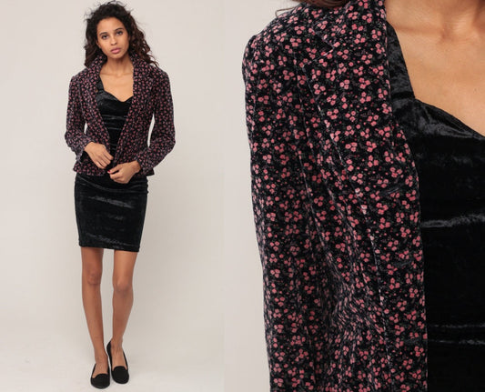 80s Velvet Floral Blazer Jacket Black Pink Extra Small