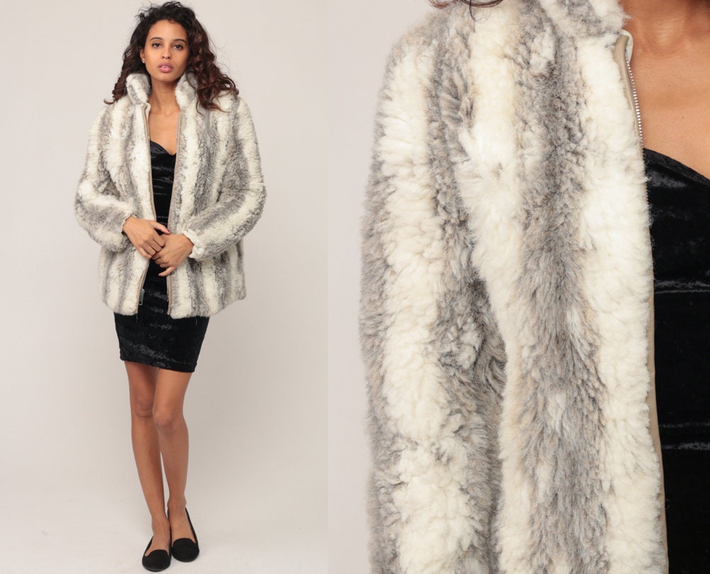 80s Faux Fur Striped Coat Grey Off-White Zip Jacket Extra Small