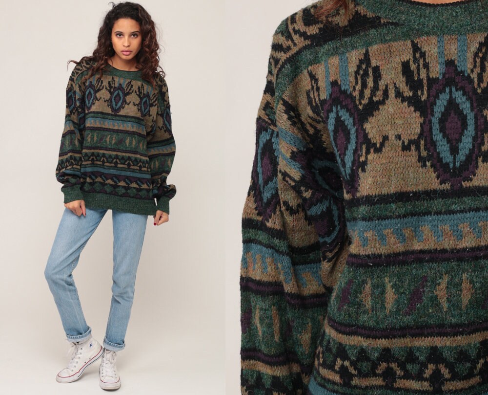 80s Wool Blend Striped Geometric Knit Sweater Green Pullover Extra Large