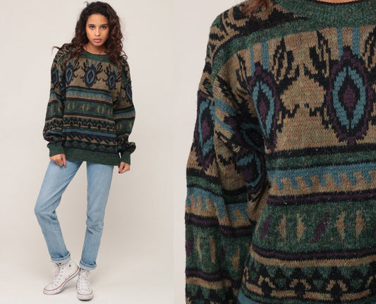 80s Wool Blend Striped Geometric Knit Sweater Green Pullover Extra Large
