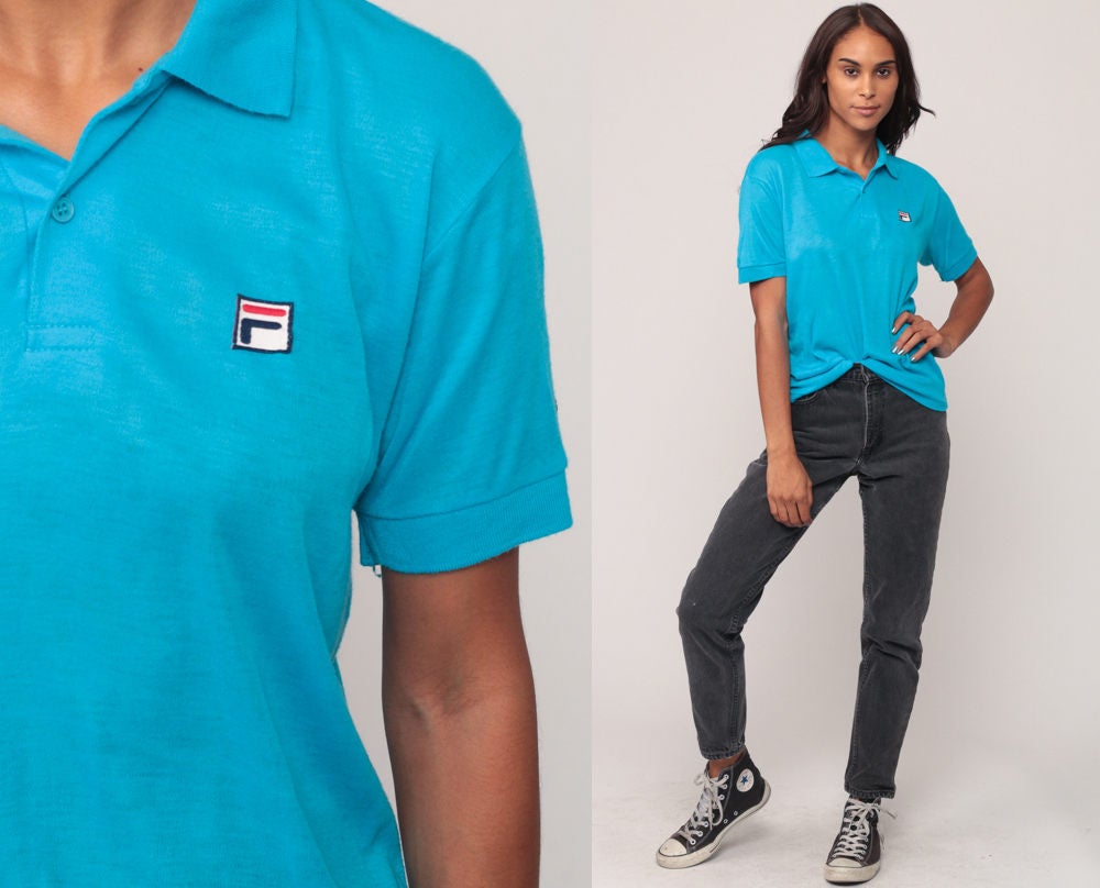 80s Fila Polo Shirt Turquoise Short Sleeve Cotton Blend Small