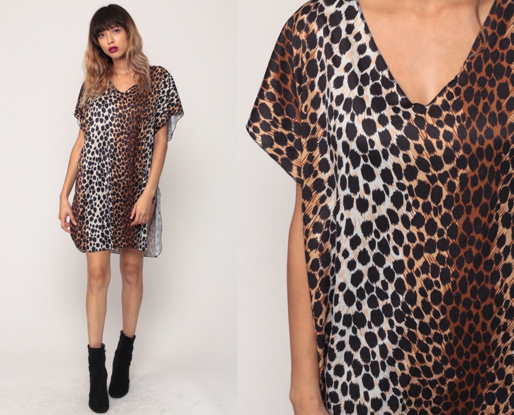 80s Leopard Print Nightgown Mini Chemise Short Sleeve Small