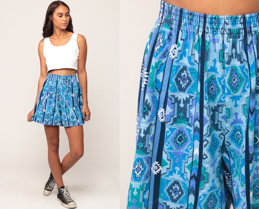 90s Southwestern Tribal Print High-Waist Shorts Blue Striped Small Medium