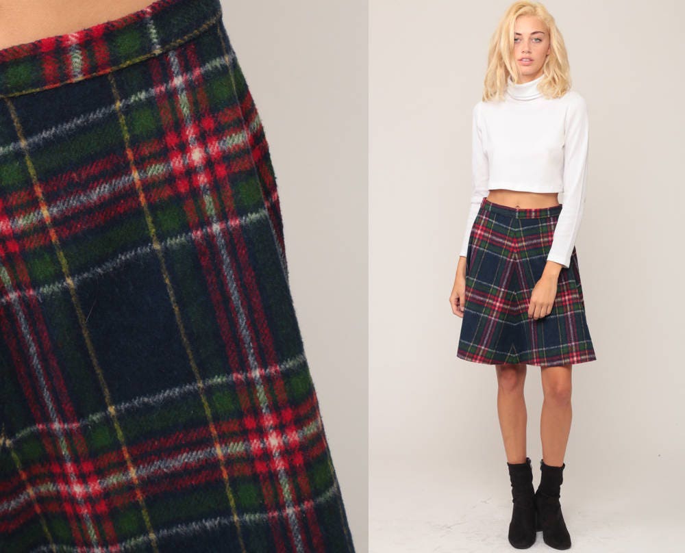 70s Plaid Mini Skirt High Waisted Knit Red Blue White Tartan Medium