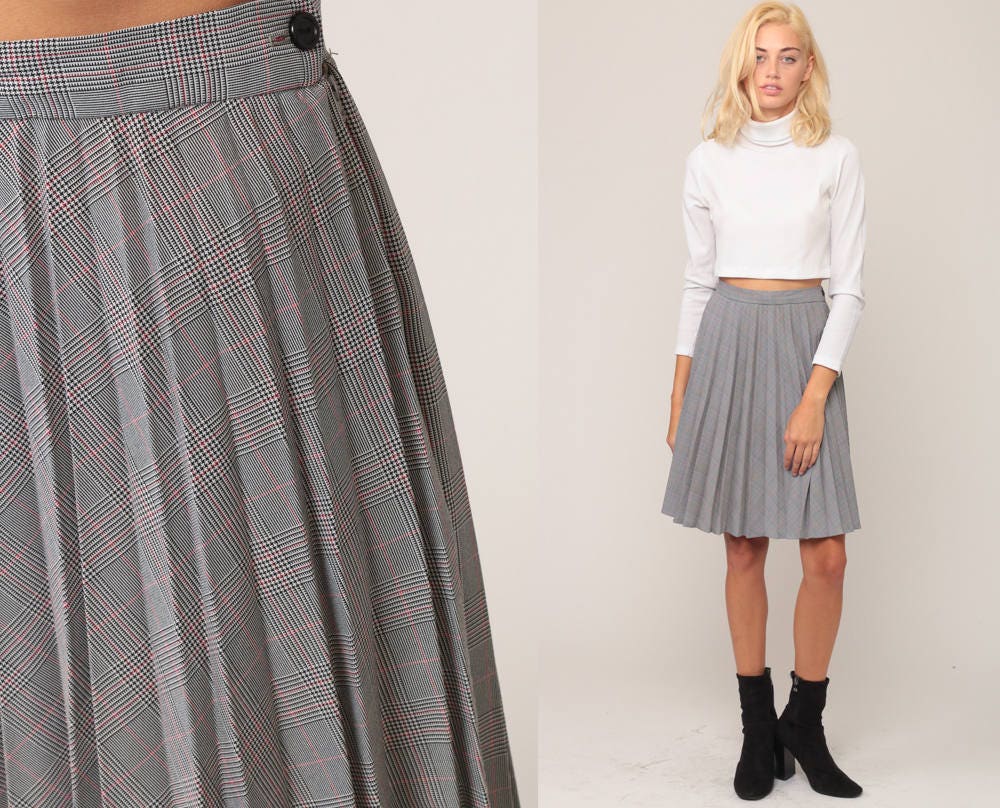 70s Black White Pink Houndstooth Pleated Midi Skirt High Waist Extra Small