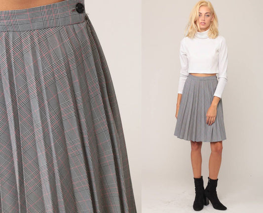 70s Black White Pink Houndstooth Pleated Midi Skirt High Waist Extra Small