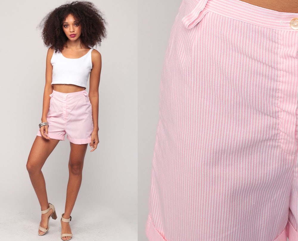 80s Seersucker Shorts Pink White Striped High Rise Small