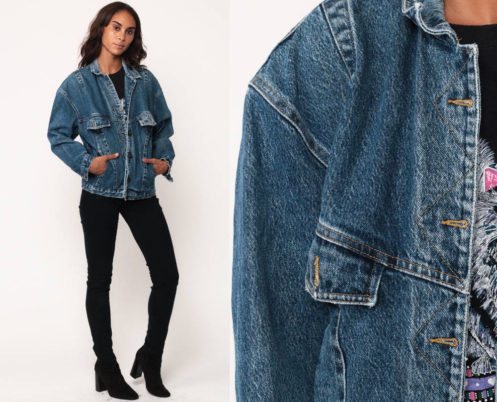 80s Blue Denim Jacket Trucker Jean Coat Button Front Medium