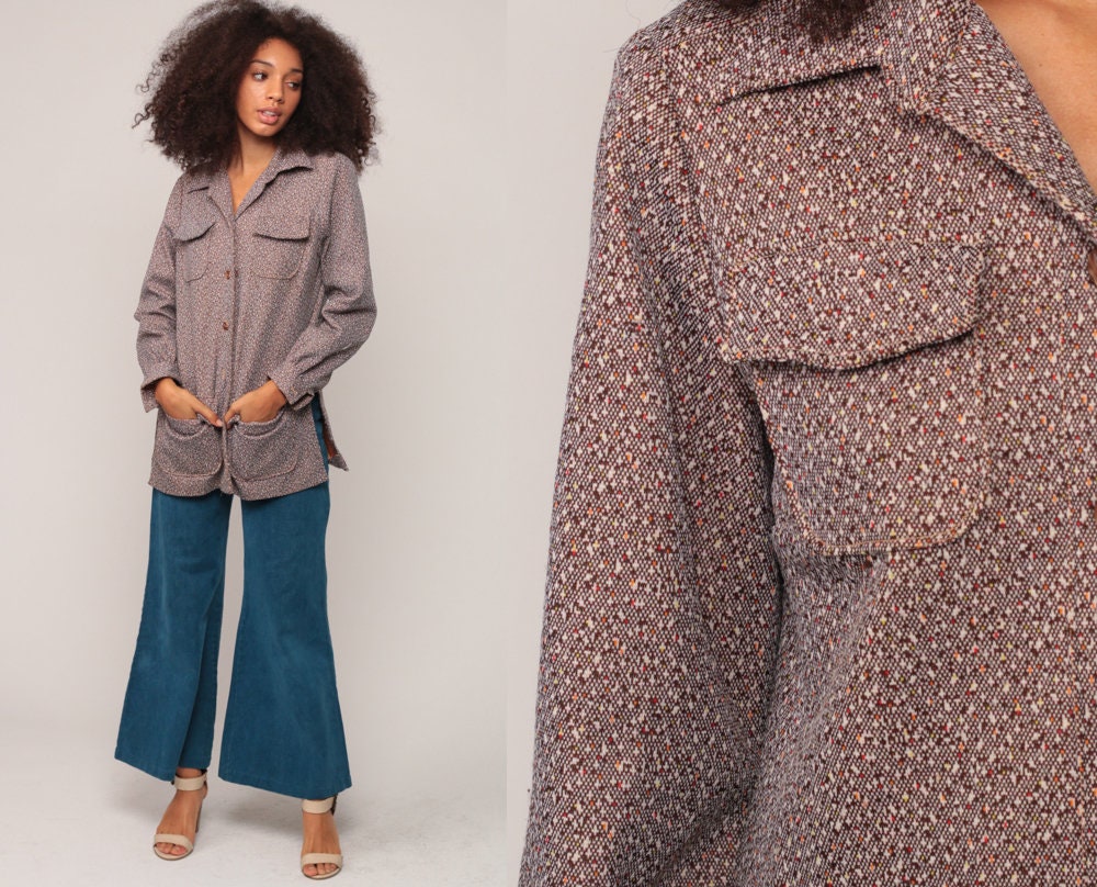 70s Flecked Brown Button-Up Shirt Long Sleeve Collared Blouse Medium