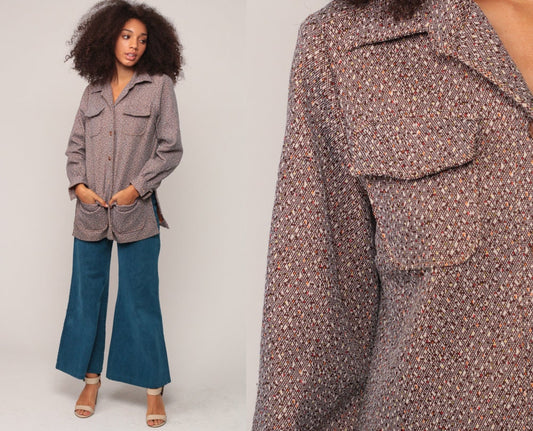 70s Flecked Brown Button-Up Shirt Long Sleeve Collared Blouse Medium