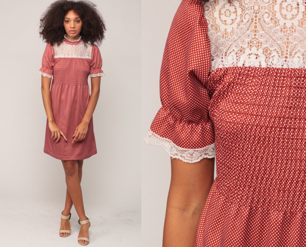 70s Rust Polka Dot Babydoll Mini Dress Puff Sleeve Lace Bib Small Medium