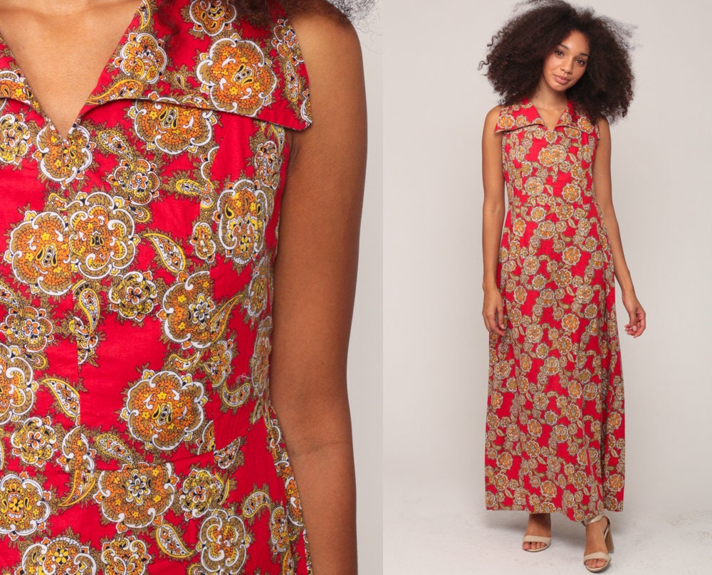 70s Paisley Print Maxi Dress High Waisted Sleeveless Red Small Medium