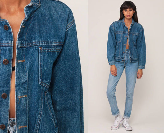 80s Blue Denim Trucker Jacket Stone Wash Jean Coat Small
