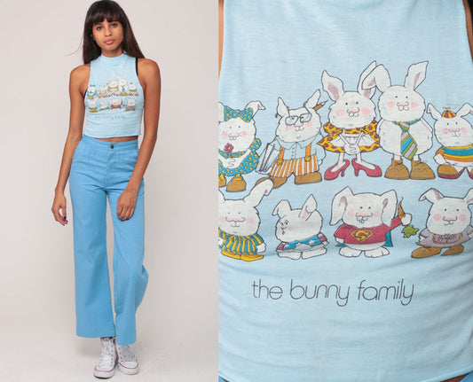 80s Bunny Family Crop Tank Top Baby Blue Graphic Tee Extra Small XXS