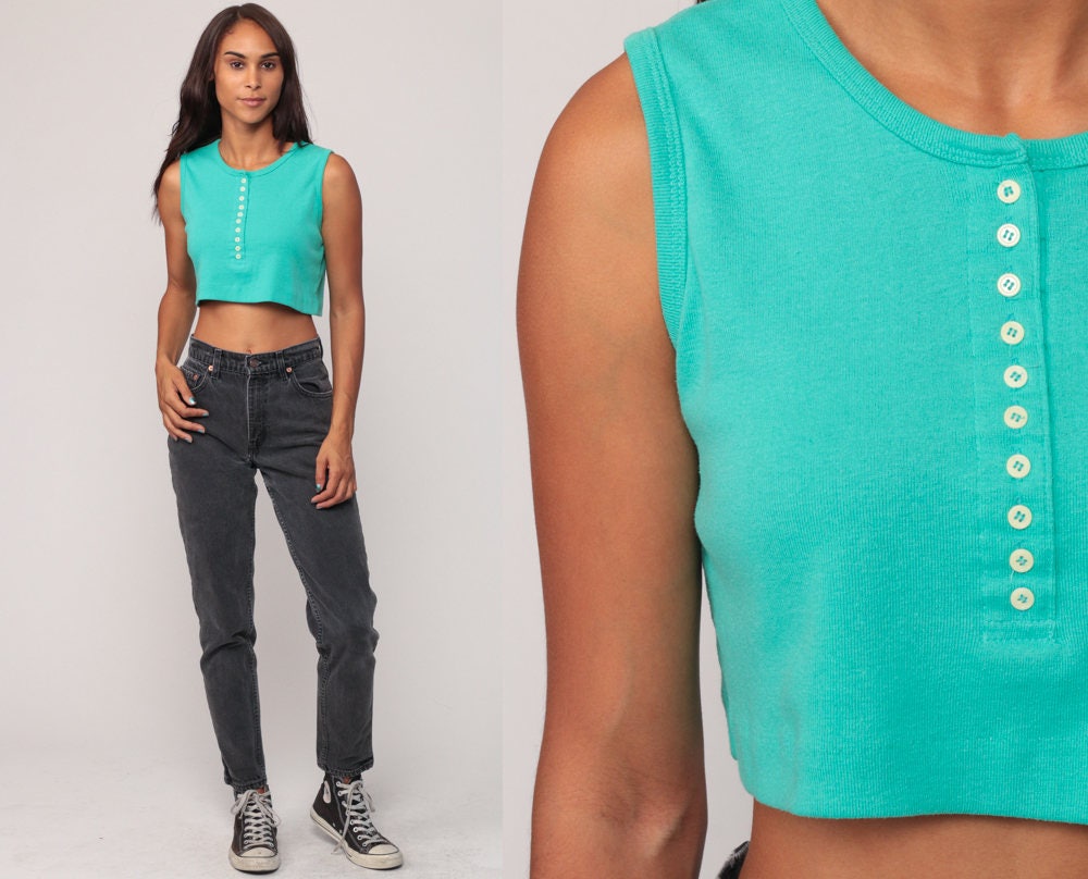 80s Turquoise Cropped Tank Top Button Front Cotton Small