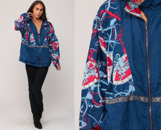 90s Carousel Horse Windbreaker Jacket Blue Nylon Track Coat Large