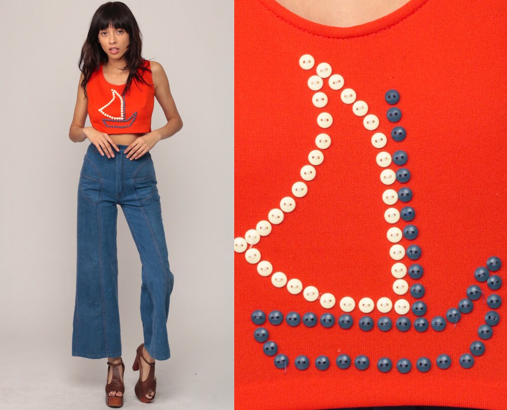 70s Sailboat Button Halter Crop Top Orange Nautical Blouse Small