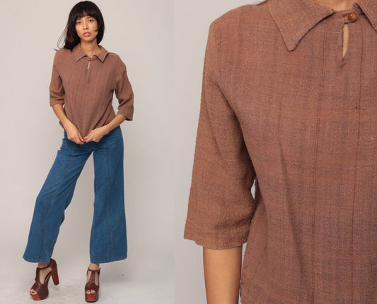 70s Floral Embroidered Brown Cotton Blouse 3/4 Sleeve Large