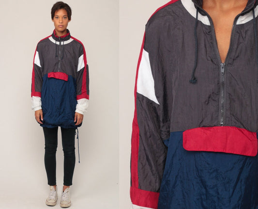 80s Windbreaker Jacket Half Zip Pullover Colour Block Striped Brown Blue Extra Large