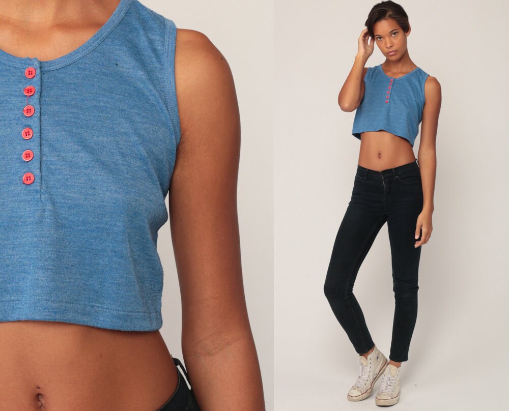 80s Blue Sleeveless Crop Top Button Tank Extra Small XS
