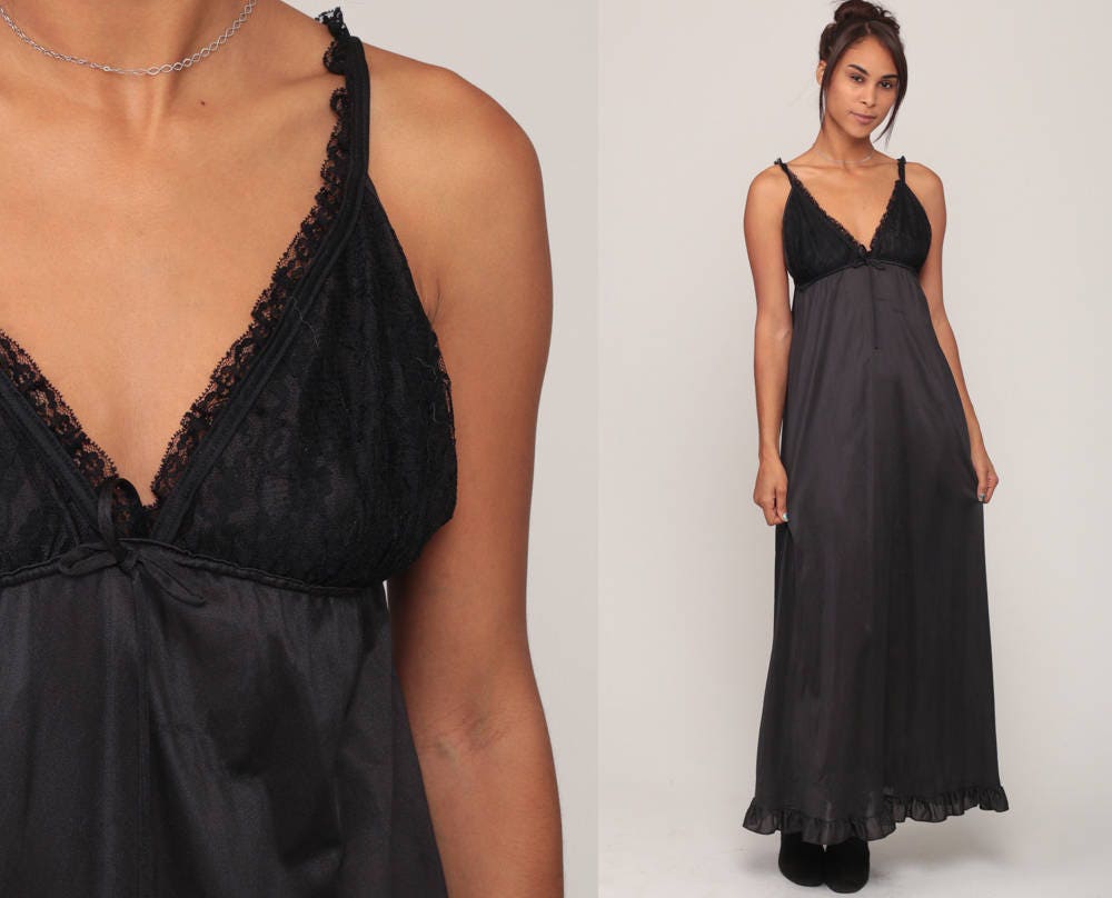70s Black Lace Maxi Slip Dress Empire Waist V-Neck Nightgown Small