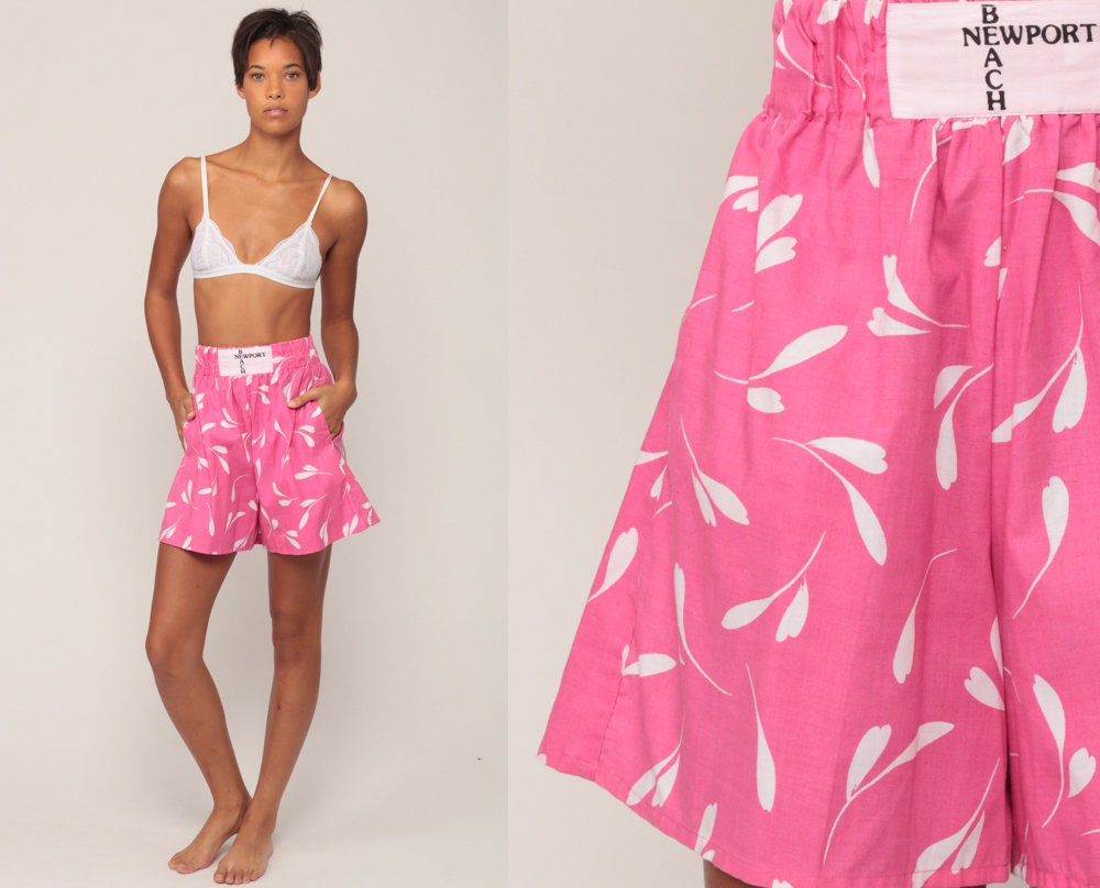 80s Floral Pink Shorts Newport Beach High Waist Wide Leg Cotton Extra Small