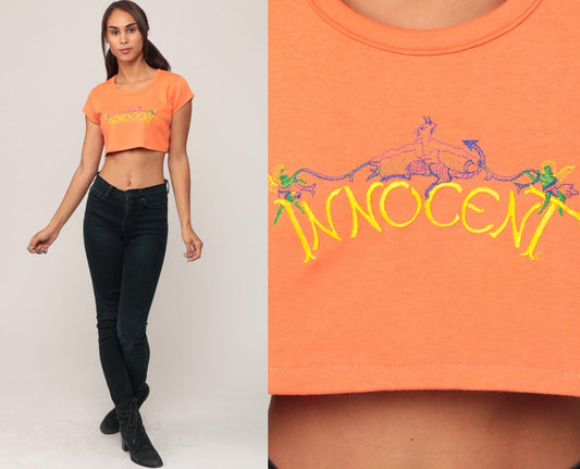 70s Innocent Crop Top Orange Angel Devil Embroidered Graphic Tee Small