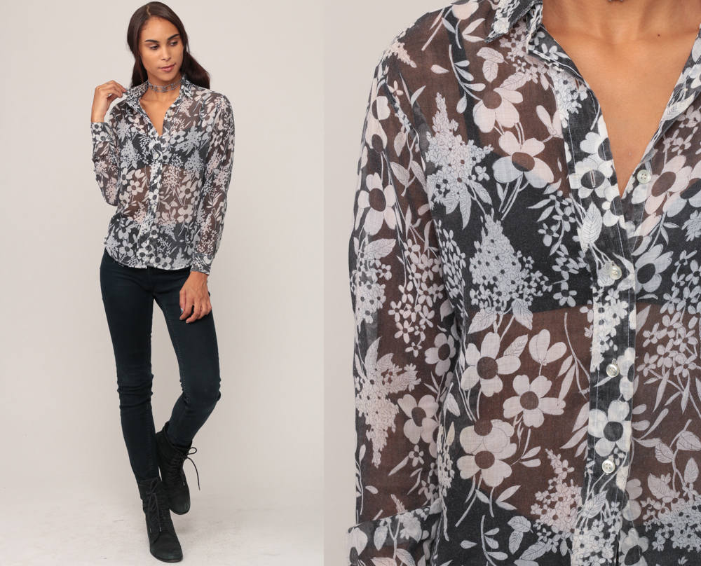 70s Black Floral Sheer Blouse Button Up Long Sleeve Collar Small