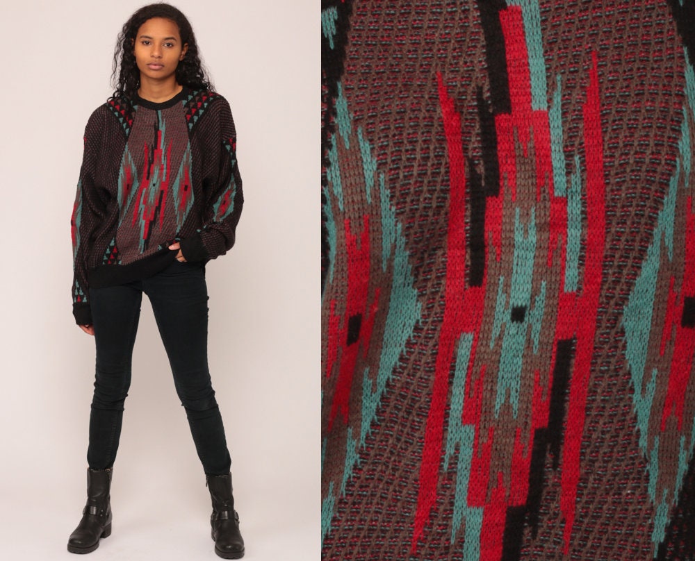80s Geometric Tribal Print Knit Sweater Black Red Blue Large