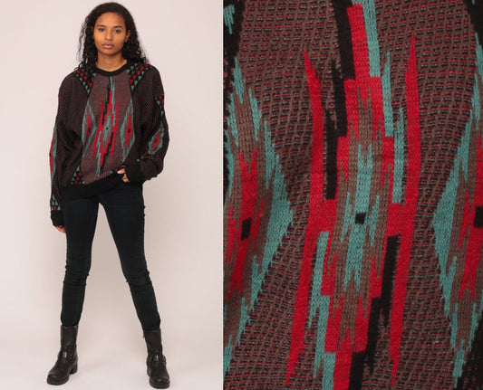 80s Geometric Tribal Print Knit Sweater Black Red Blue Large
