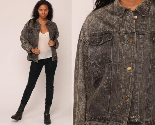 80s Grey Acid Wash Denim Jacket Distressed Unisex Button Up Extra Large XL