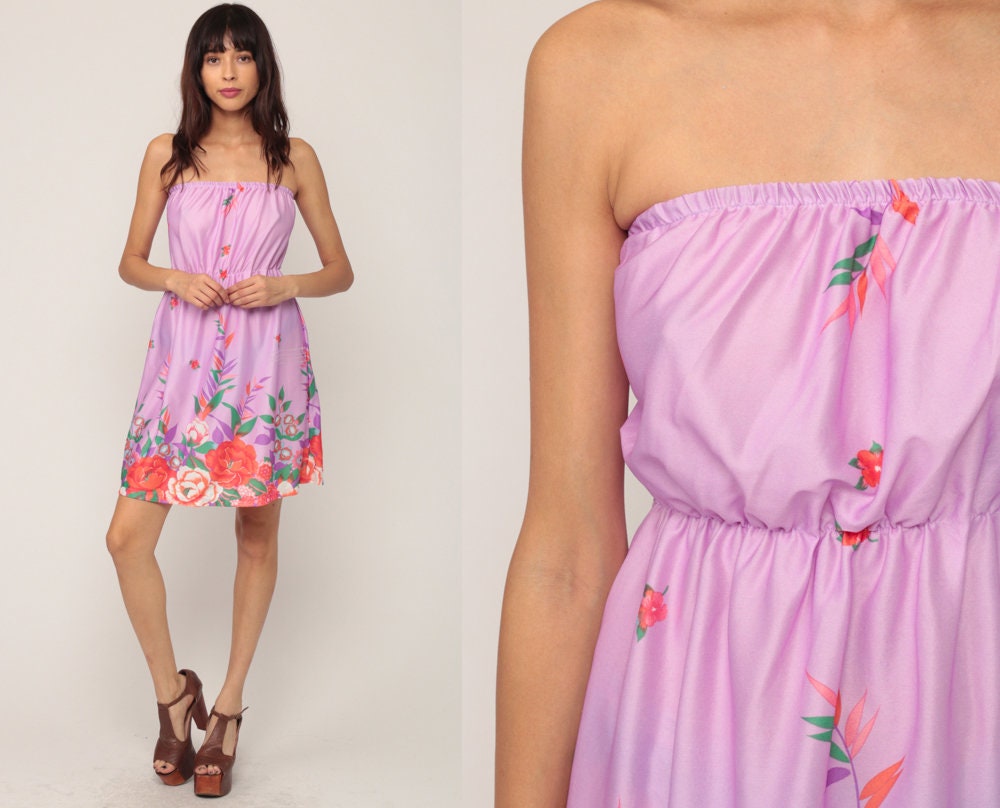 70s Floral Strapless Mini Dress Lavender Purple Smocked Small Medium