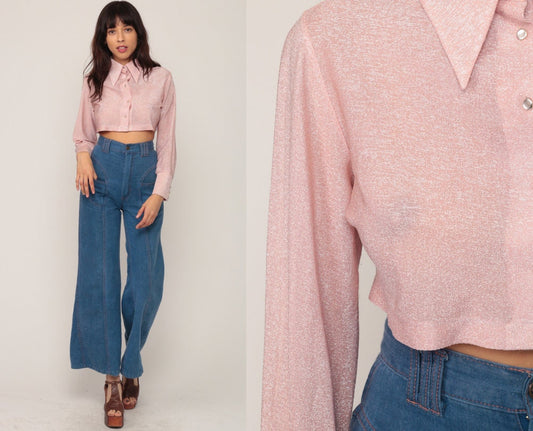 70s Metallic Pink Silver Crop Top Long Sleeve Blouse Small Medium