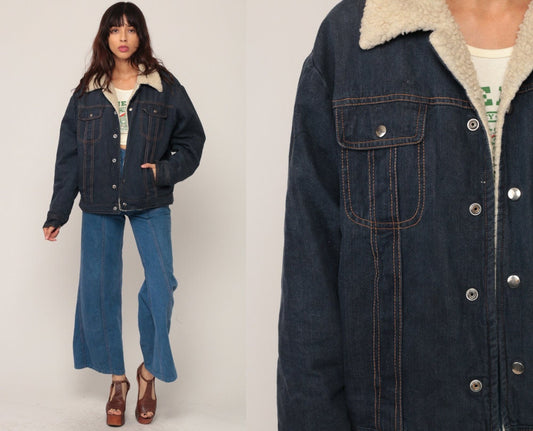 1970s Blue Denim Jacket Faux Shearling Lined Biker Coat Large