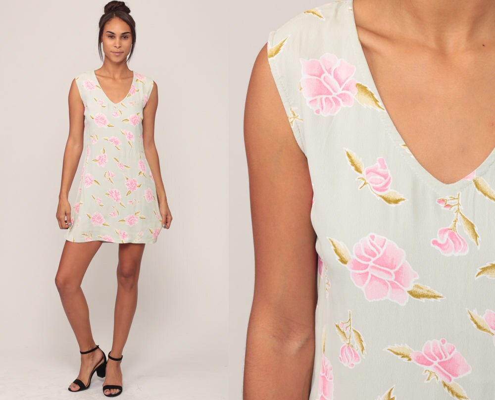 90s Floral Mini Dress Pink Moss Green V-Neck Shift Sundress Extra Small XS