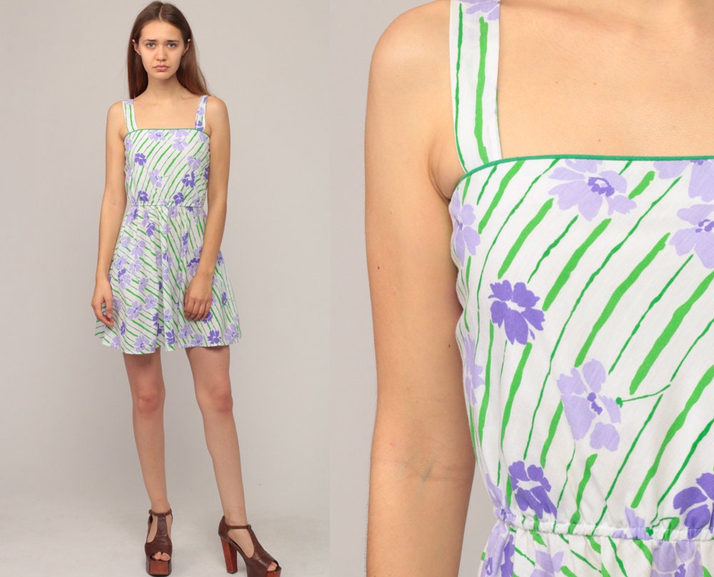 70s Floral Mini Sundress High Waist Tank Green Purple Extra Small
