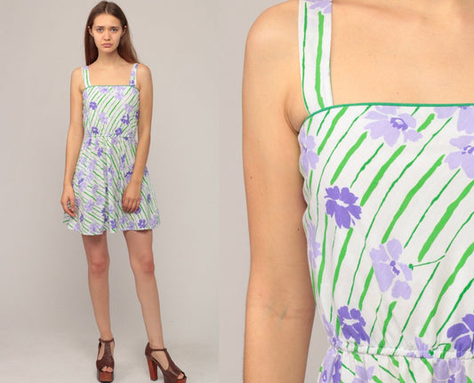 70s Floral Mini Sundress High Waist Tank Green Purple Extra Small