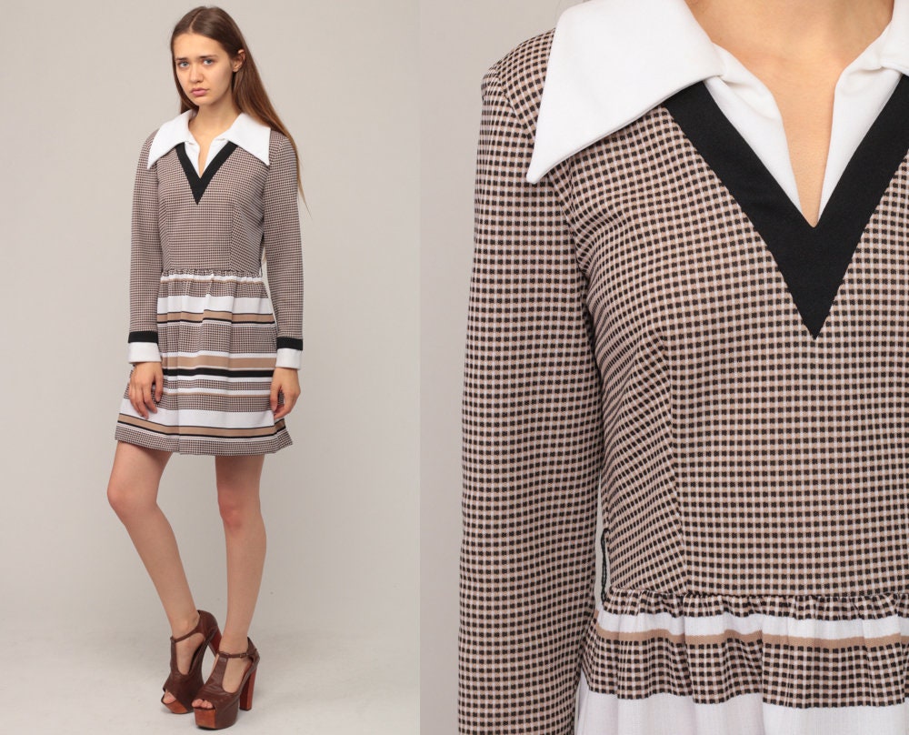 70s Brown Plaid Mini Dress High Waist Long Sleeve White Collar Medium
