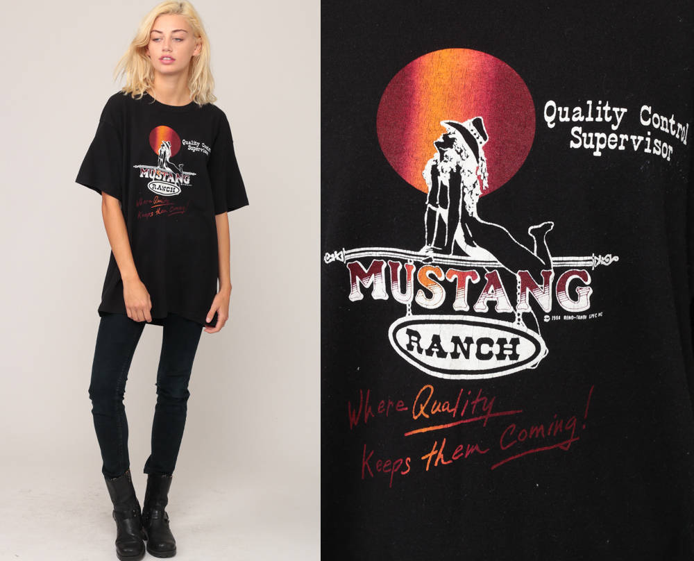80s Mustang Ranch Pin Up Girl Graphic T-Shirt Black Extra Large