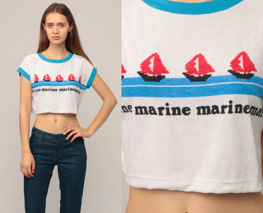 80s Sailboat Graphic Ringer Crop Top Terry Cloth Tee Small Medium