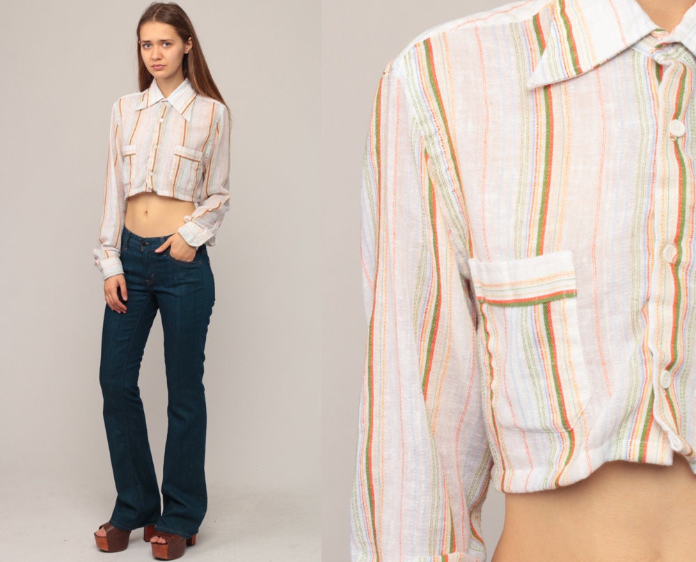 70s Striped Cotton Crop Top Button-Up Blouse Long Sleeve White Small