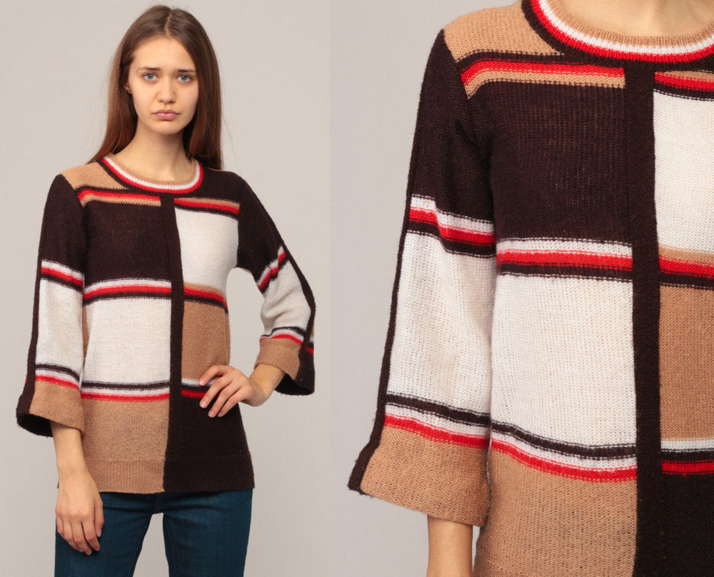 70s Colour Block Knit Sweater Bell Sleeve Tan Brown Pullover Small