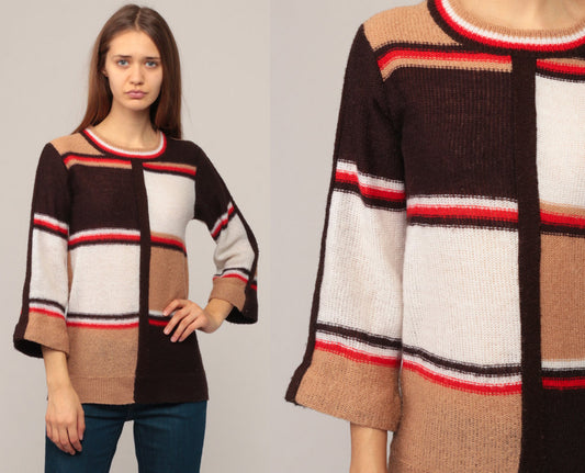 70s Colour Block Knit Sweater Bell Sleeve Tan Brown Pullover Small