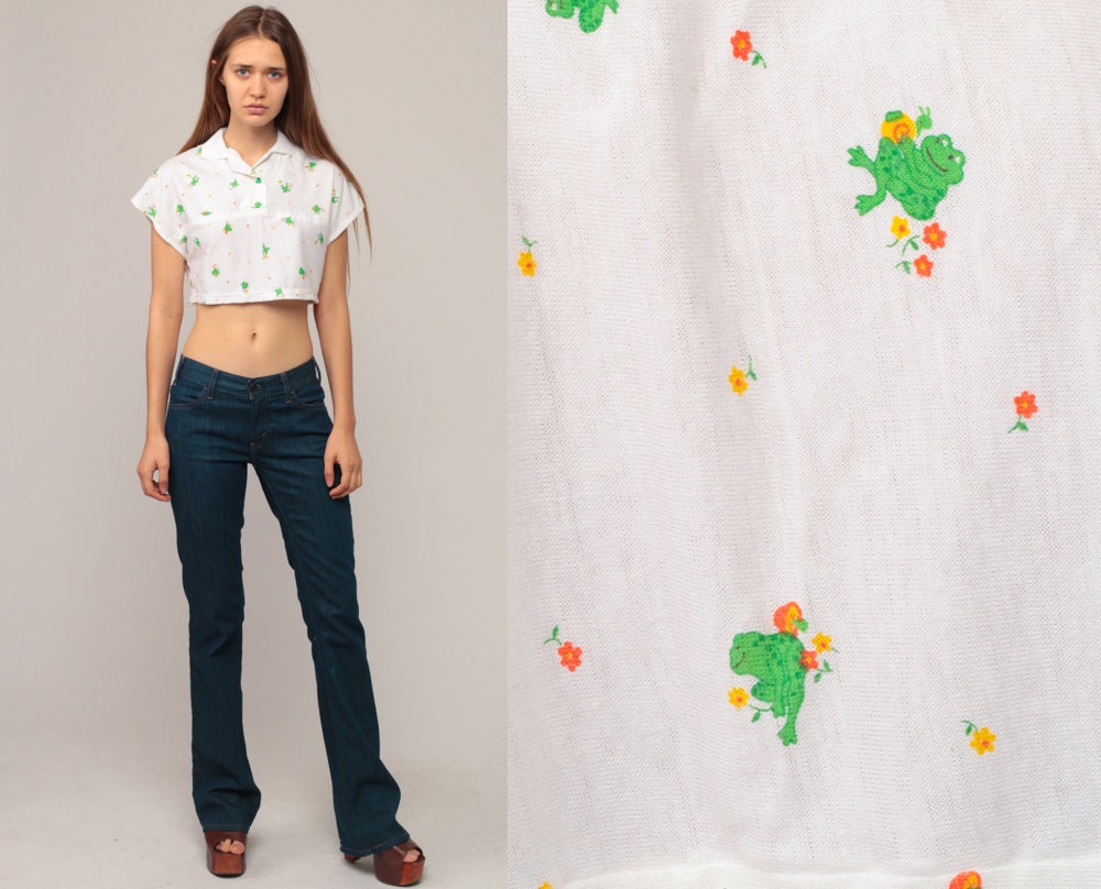70s Frog Print Crop Top T-Shirt Cap Sleeve Cotton Blend Small