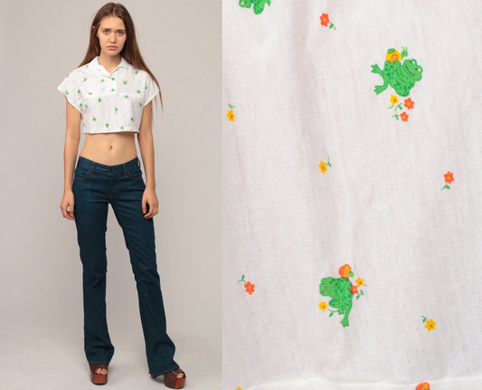 70s Frog Print Crop Top T-Shirt Cap Sleeve Cotton Blend Small