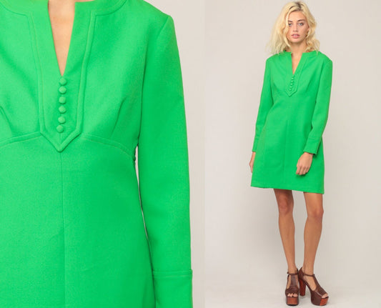 70s Green Mini Dress Empire Waist V Neck Long Sleeve Babydoll Large