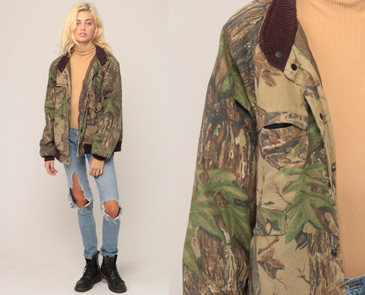 80s Camo Leaf Bomber Jacket Army Green Camouflage Coat Extra Large XL
