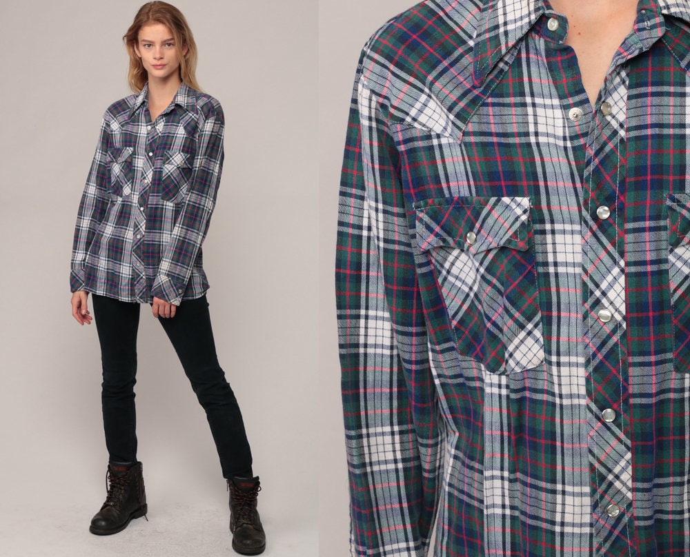 70s Wrangler Pearl Snap Western Shirt Plaid Blue Green Large
