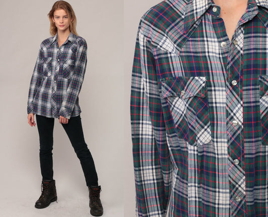 70s Wrangler Pearl Snap Western Shirt Plaid Blue Green Large